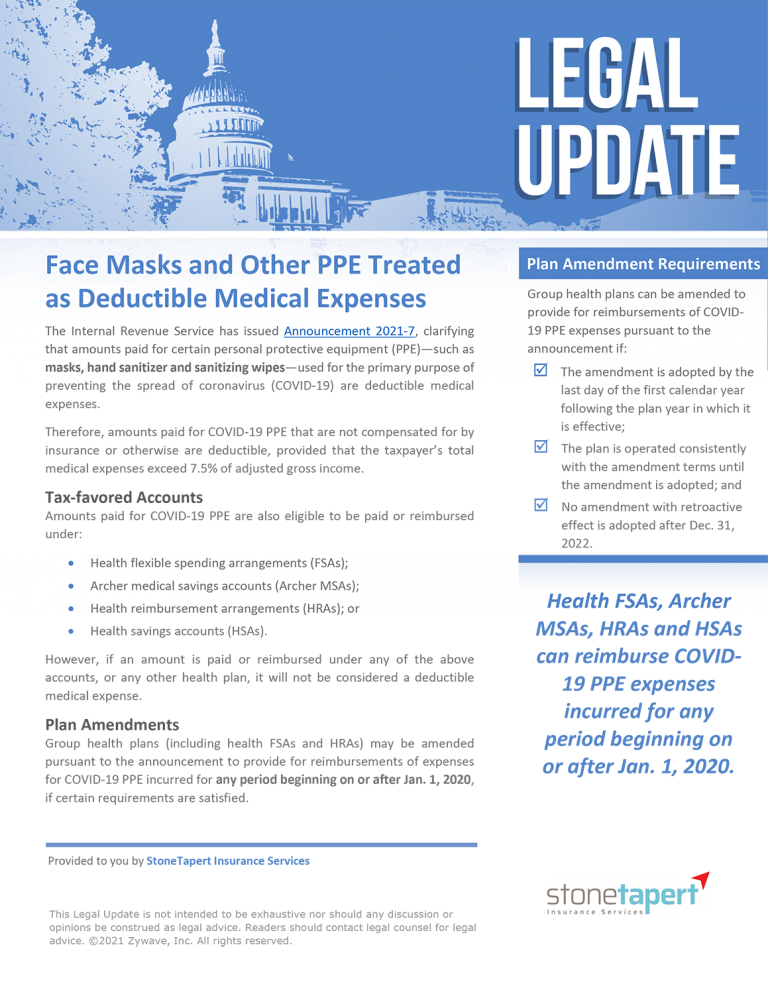Face Masks and Other PPE Treated as Deductible Medical Expenses Stone